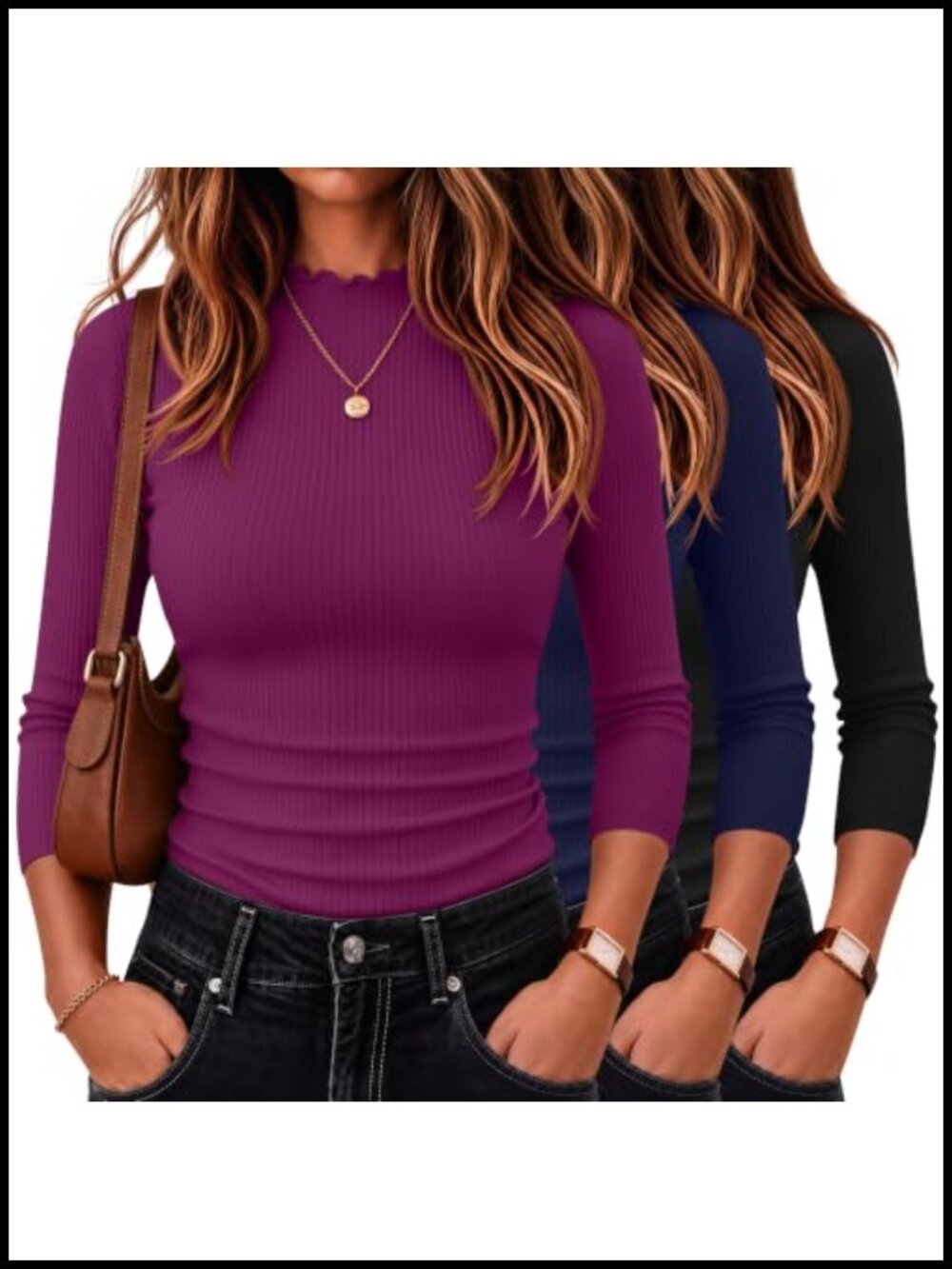 Women's 3/4 Sleeve Mock Neck Ribbed Shirts - 3 Pack